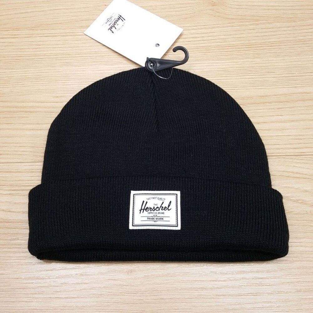 HERSCHEL Beanie Hat Mens Black Cuffed Stretch Knit Logo ELMER